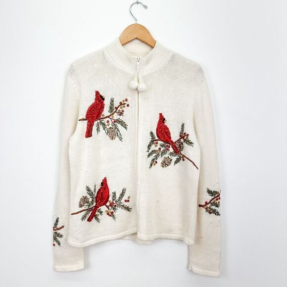 Tiara International Christmas Collection Beaded Embroidered Cream Cardinal Pinec - Picture 1 of 16